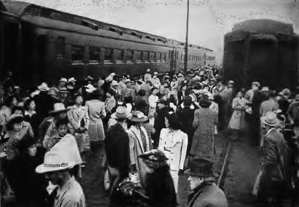 Group of evacuees assembled at a Los Angeles railroad station