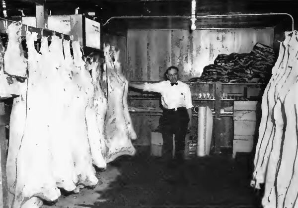 A scene in the meat storage room at Santa Anita (California) Assembly Center