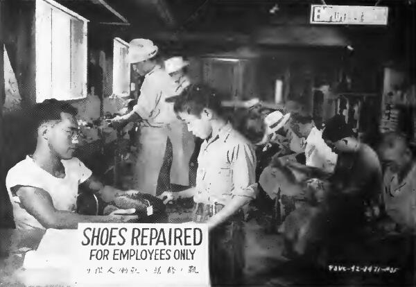 A shoe repair shop at Stockton (California) Assembly Center