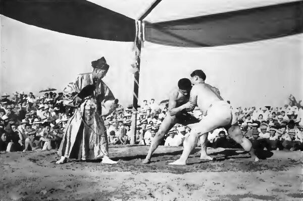 A sumo match at Santa Anita (California) Assembly Center